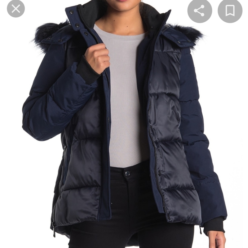 Nine West Faux Fur Quilted Puffer Coat in Navy Designer Winter Warm 005
